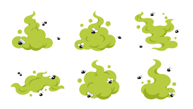 Green smelly odor clouds with flies in cartoon vector style