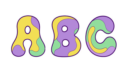 Groovy bubble alphabet letters A B C in colorful retro vector style © Mark
