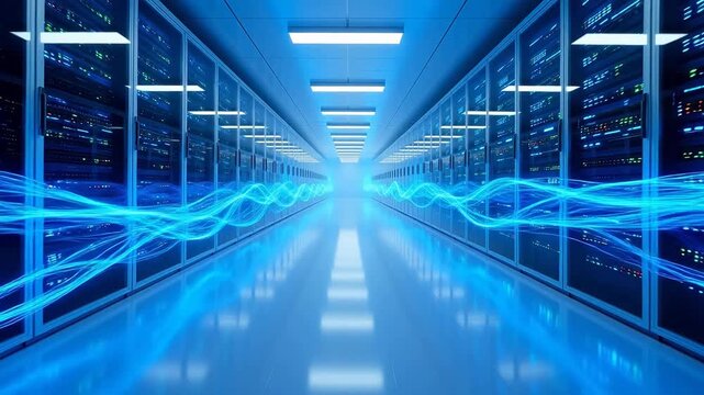 server room with blue light waves