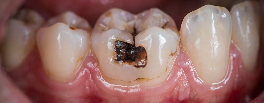 Advanced tooth decay destroying the enamel of a back tooth due to poor oral hygiene.