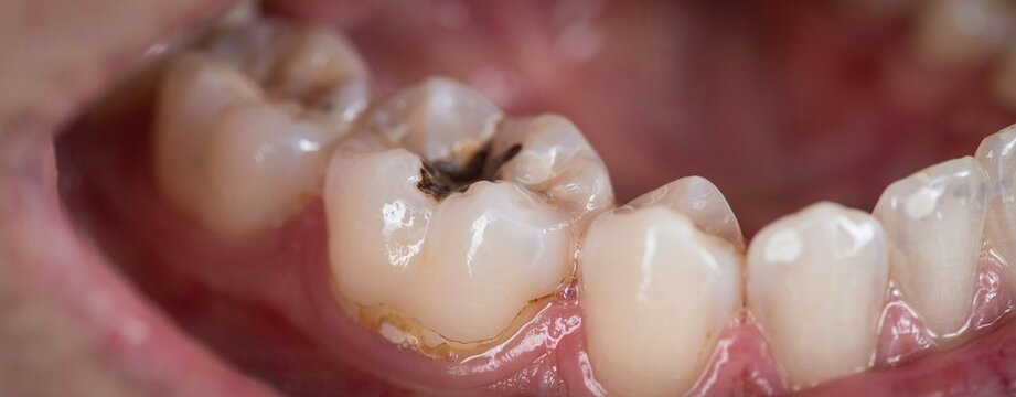 Deep structural tooth decay and bacterial damage on human premolar and molar teeth.