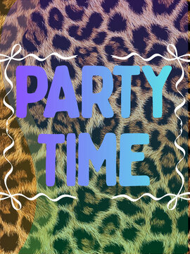 Bold party time lettering on mixed leopard and cheetah print background with wavy border lines for energetic invitation poster celebration announcement and trendy event design layout