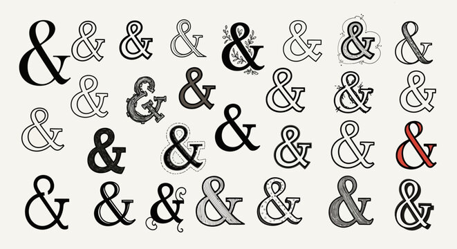 A collection of various ampersand symbols in different artistic styles