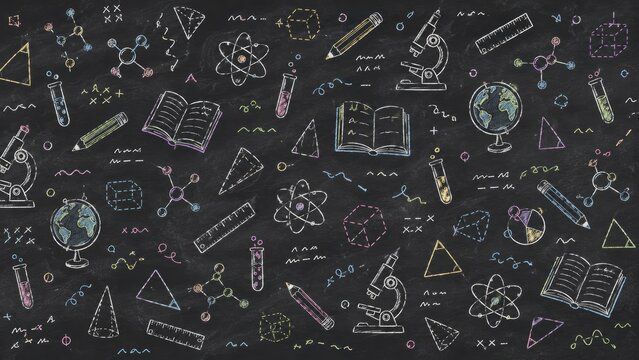 Dark chalkboard background covered with colorful hand-drawn science, mathematics and education symbols, including microscopes, atoms, molecules, books, globes, pencils and geometric shapes