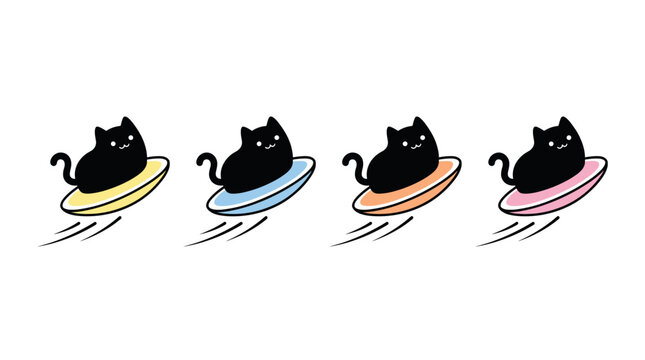 Cute black cats riding colorful flying saucers, kawaii space kitten vector set with playful UFO motion doodles