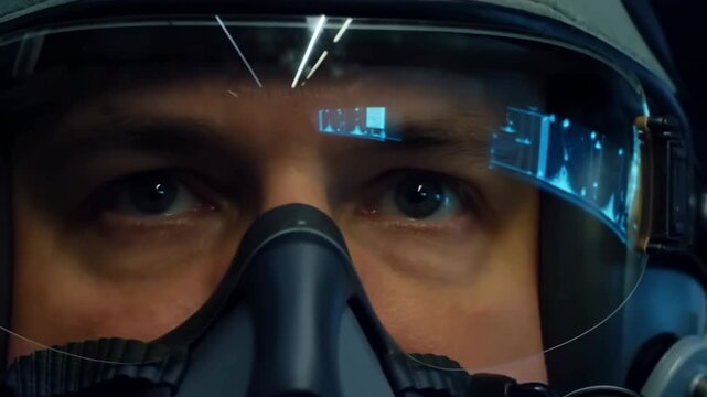 Extreme close-up of operator eyes behind protective visor with blue HUD reflections indicating