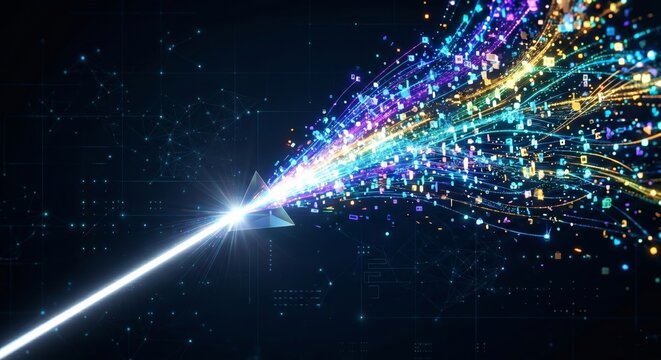A bright white light beam emerges from a triangular prism, dispersing into vibrant multicolored digital particles and lines