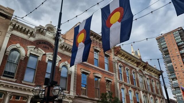 Larimer Square and Colorado State Flags in Downtown Denver USA, Historic Buildings in Old City Block