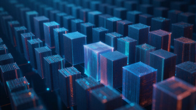 futuristic grid of glowing geometric cubes and data server blocks