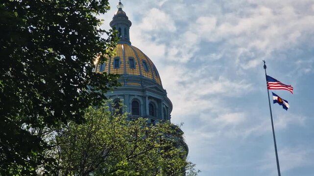 Colorado State Capitol Building Dome, American National and State Flags on Sunny Summer Day, Denver USA