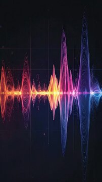 Colorful audio sound wave visualization on a dark grid background