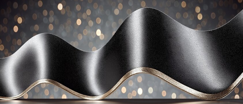 A sleek, undulating black textured ribbon with golden edges flows gracefully against a shimmering bokeh background.