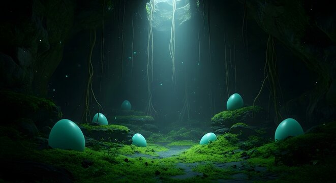 Mysterious cave interior with glowing turquoise eggs on mossy ground and hanging vines