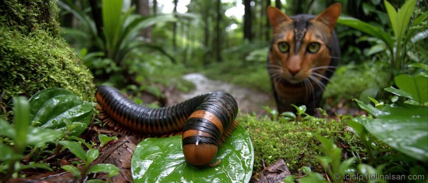 A curious cat stalks a giant millipede crawling on a leaf in a lush forest background.