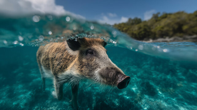 Wild Boar Swimming in Crystal Clear Tropical Ocean Near Remote Island Beach