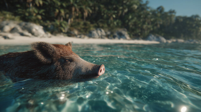 Wild Boar Swimming in Crystal Clear Tropical Ocean Near Remote Island Beach