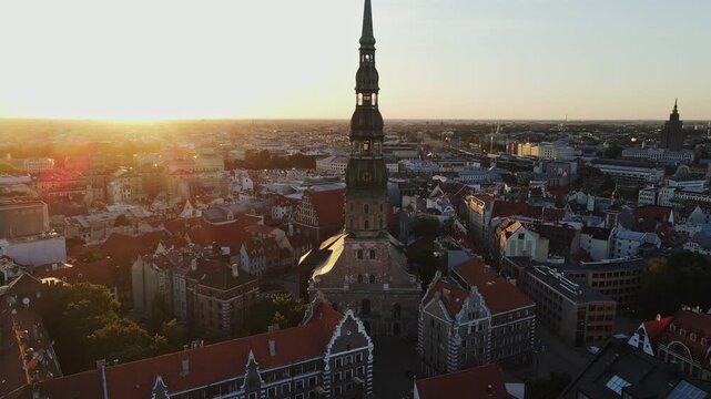 Golden Dawn Over St Peter Church Tower and Historic Riga Old Town Aerial