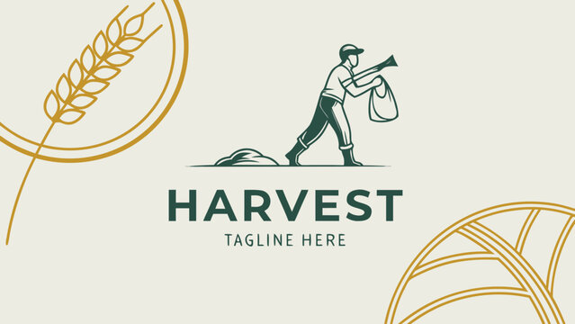 Harvest agriculture logo template with farmer working in field and wheat ears, vintage line art style emblem for farming business, vector illustration