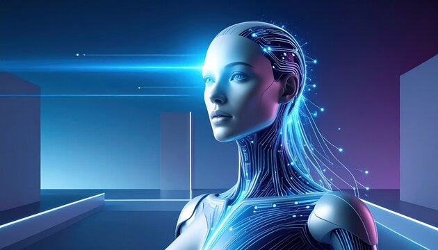 Futuristic Female Robot with Neon Blue Circuits.