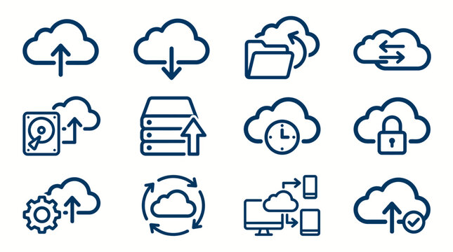 Cloud computing and data storage icons set with various symbols for uploading, downloading, syncing, and managing files online