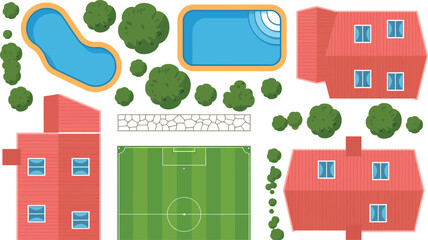 Top down architectural design layout featuring residential houses, swimming pools, and soccer field. © MDTOFIZUL