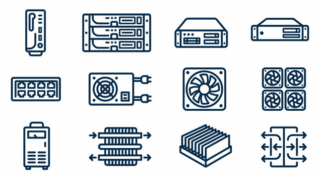 Collection of computer hardware and server components icons in a line style, including various devices and cooling systems