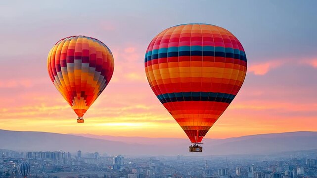 Hot air balloons drift through the sky at sunrise over the city Generative AI