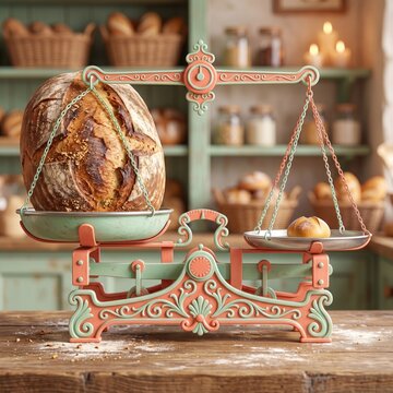 Balance scale with a large rustic bread on one side and a small piece on the other. Ideal for bakery, bread, or measurement themed design projects. Shrinkflation concept background.