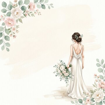 Watercolor illustration of a bride from behind in a white gown holding a bouquet, surrounded by floral corners. Perfect for wedding invitations, bridal showers, or romantic design projects.