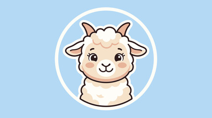 Fototapeta premium A cute, fluffy cartoon llama head with big eyes and small horns, set against a soft blue background within a white circle.