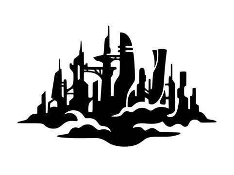 Futuristic Sci-Fi City Skyline Silhouette on Clouds