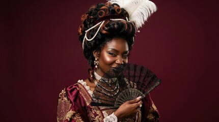 Dark skinned woman in a rich maroon dress with gold details holds a decorative fan, her elaborate hairstyle adorned with pearls and feathers. Perfect for royal, elegant themes. © AnnaPa