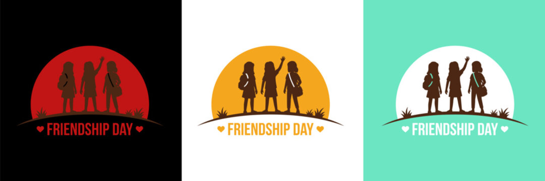 Happy friendship day banner template set, school friends with backpacks silhouette vector illustration