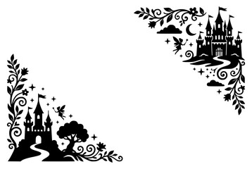Naklejka premium Whimsical Fairytale Castle and Fairy Silhouette Decorative Corner Border