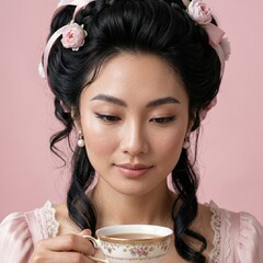 Asian woman in a pink Victorian style dress with lace and bows holds a delicate teacup. Perfect for vintage tea party, historical, or elegant design projects. © AnnaPa