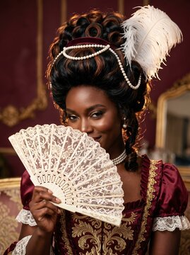 Dark skinned woman in a rich maroon dress with gold details holds a decorative fan, her elaborate hairstyle adorned with pearls and feathers. Perfect for royal, elegant themes.