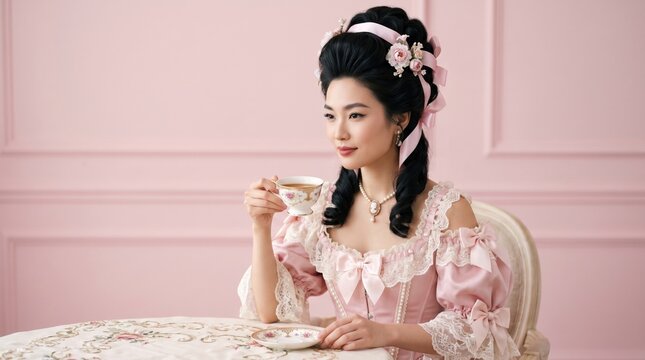Asian woman in a pink Victorian style dress with lace and bows holds a delicate teacup. Perfect for vintage tea party, historical, or elegant design projects.