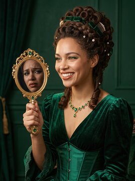 Victorian woman in a green velvet dress holds an ornate mirror reflecting a sad face while she smiles. Ideal for themes of duality, emotions, or psychological concepts.