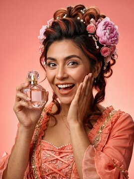 Woman in a peach dress with flowers in her hair holds a perfume bottle. Beautiful woman in Rococo style dress with perfume bottle. Ideal for beauty, fragrance, or vintage inspired design projects.