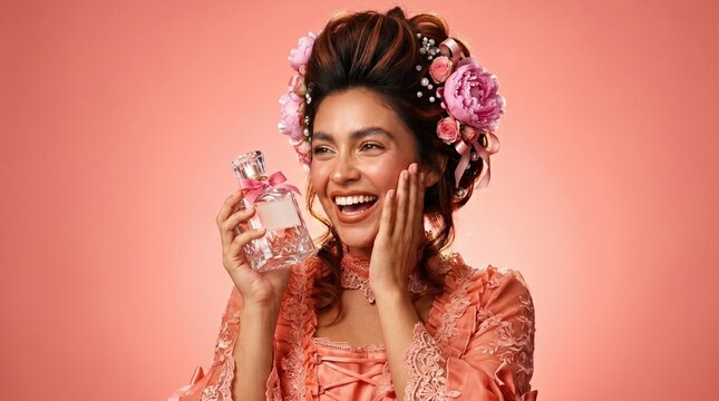 Woman in a peach dress with flowers in her hair holds a perfume bottle. Beautiful woman in Rococo style dress with perfume bottle. Ideal for beauty, fragrance, or vintage inspired design projects.