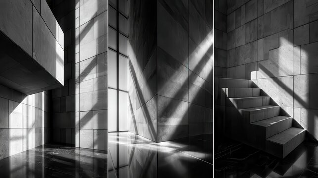 Abstract architectural interior triptych featuring geometric light and shadow patterns