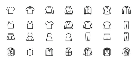 Fototapeta premium Clothing Icon Set: A comprehensive collection of outline icons representing various clothing items and apparel, offering a versatile visual resource for fashion and retail.