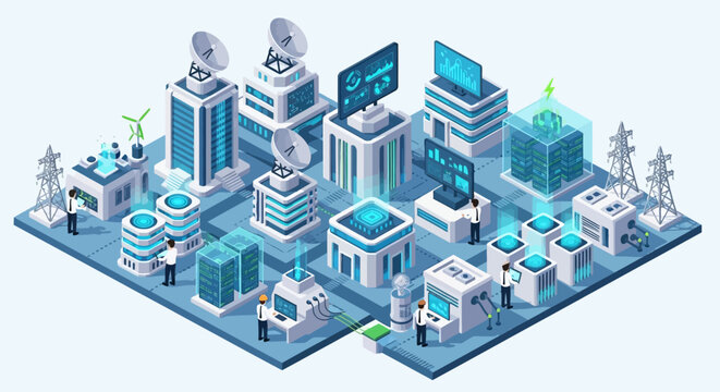 Isometric Data Center Concept with Futuristic Technology Infrastructure and Server Buildings.