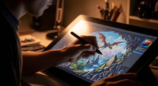 Artist drawing a digital dragon illustration on a graphic tablet screen