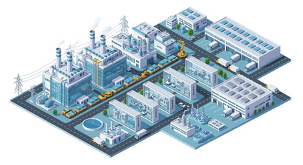 Fototapeta premium Isometric industrial plant complex with manufacturing facilities and power station.