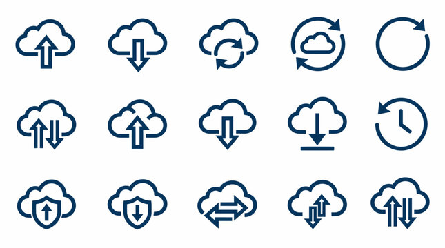 Collection of cloud computing and data transfer icons in blue on for business and technology concepts