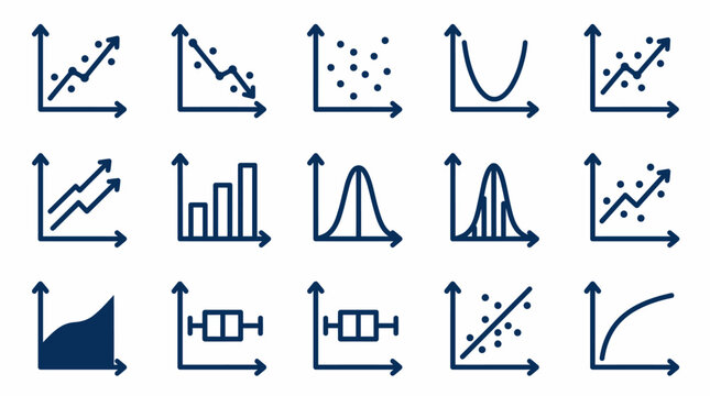 Collection of various business and statistical graph icons on for data analysis and finance concepts