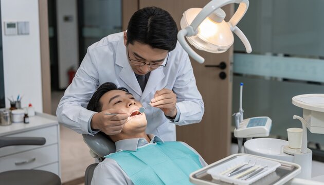 Leaning dentist in lab coat and tie examining patient in dental chair, using mirror and explorer