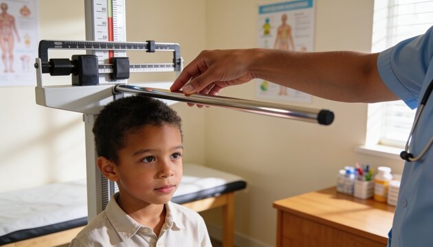 Measuring school-age boy wearing light shirt in exam room at stadiometer, clinician lowering rod