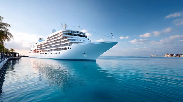 Large white cruise liner in tropical harbor on sunny day Generative AI